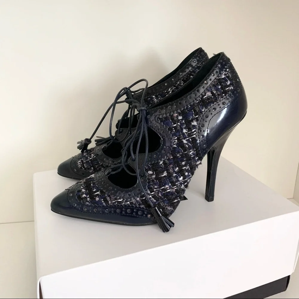 Tory Burch tweed tassel lace up oxford heels